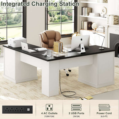 L Shaped Executive Desk with File Drawers, 60" Corner Computer Desk with Power Outlets