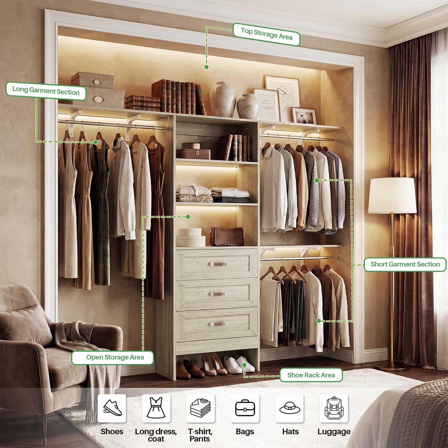96'' W Closet Organizer System With Wooden Drawers