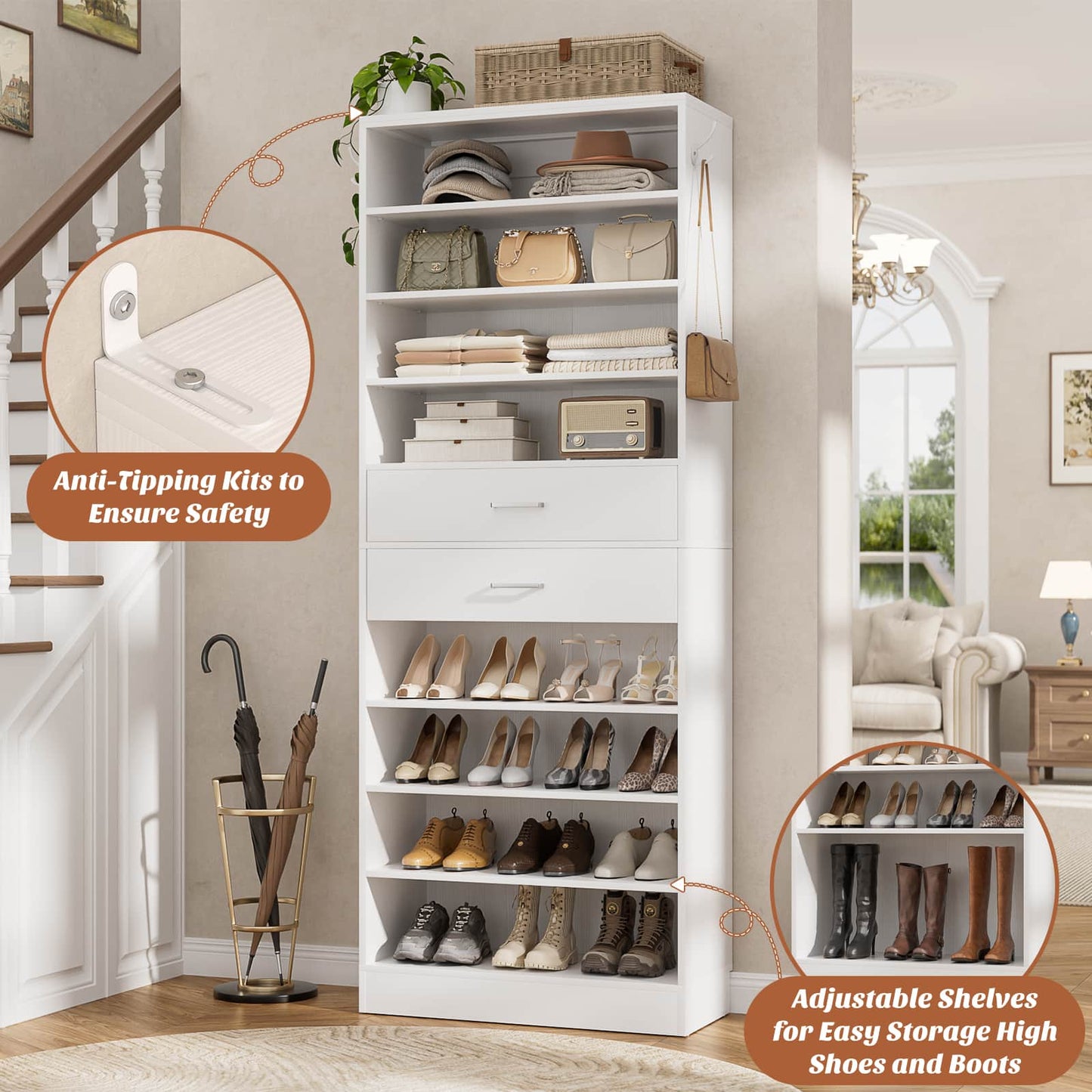 10-Tier Shoe Cabinet with 2 Drawers, 65cm Width Freestanding Closet Organizer
