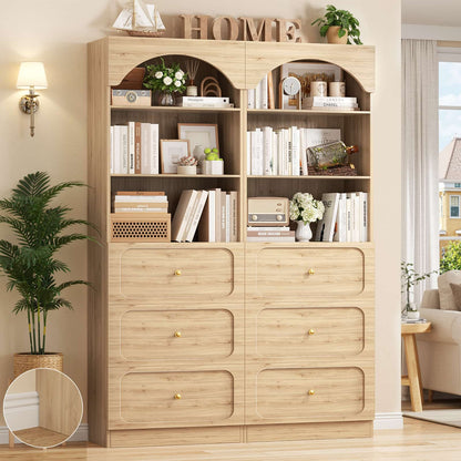 80" Arched Wooden Bookcase Set of 2: 6-Tier Open Shelves & 6 Drawers, Storage Organizer Cabinet