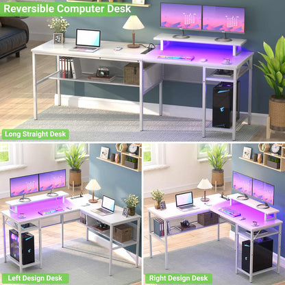 L Shaped Computer Desk with Magic Power Outlets and Smart LED Light