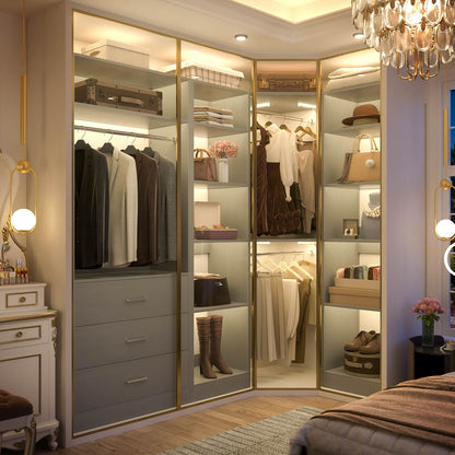 63.2" L X 39.2" W X 80" H Corner Closet System,Freestanding Closet Organizer System With 2 Drawers & 12 Shelves
