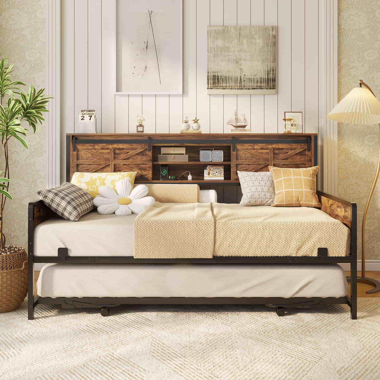 Twin Size Daybed with Trundle, Daybed with Charging Station & Storage Headboard, Heavy Duty Metal Sofa Bed Frame with Pop-up Trundle