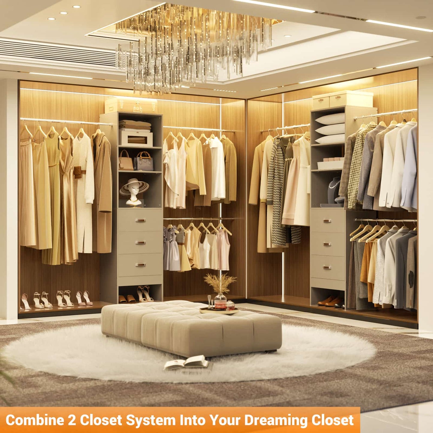 Adjustable 5-8FT Wall-Mounted Closet Organizer System with 3 Hanging Rods & 3 Wood Drawers