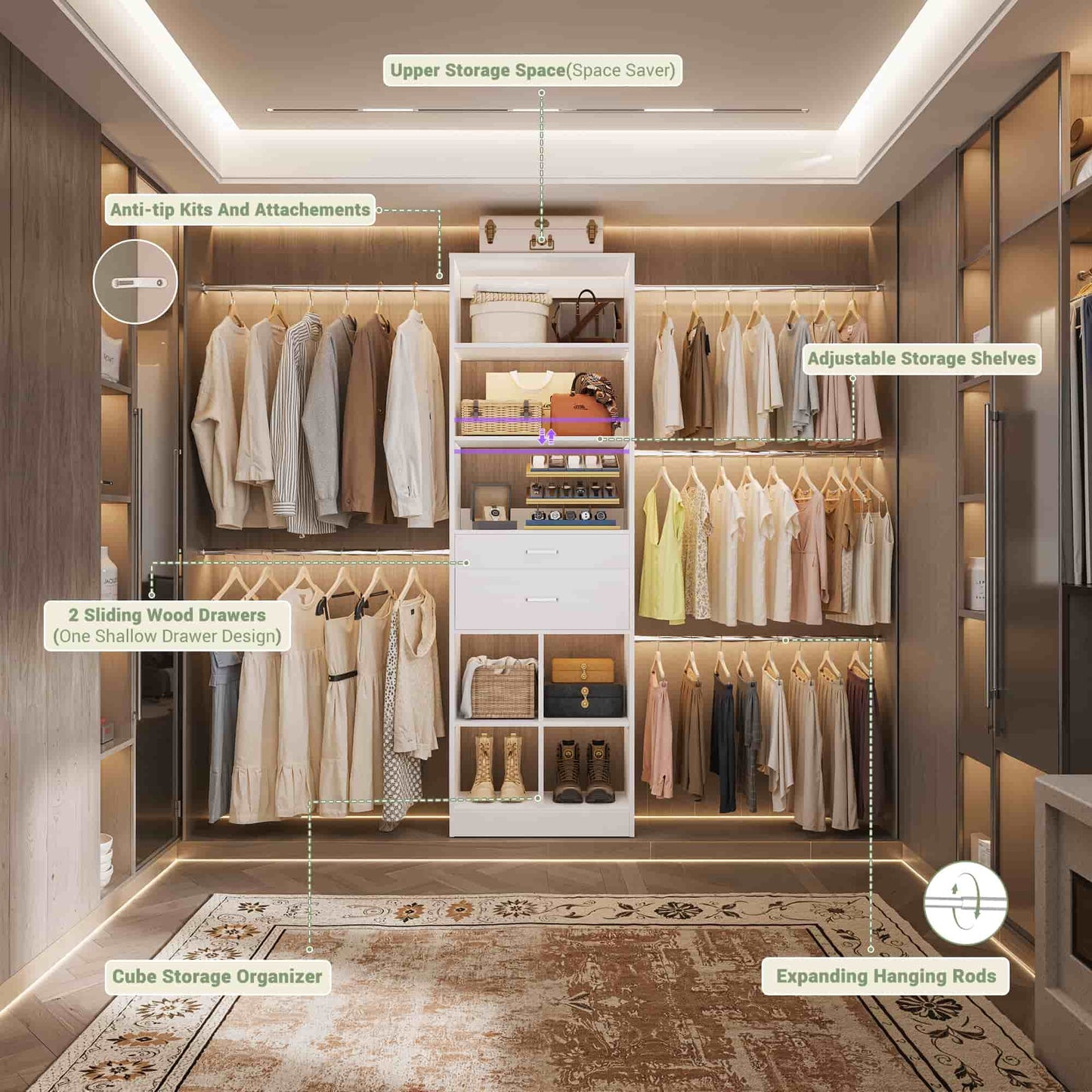 4-8 FT Walk-in Closet Organizer Tower, 2 Wooden Drawers + 5 Hang Rods, Built-in Shelves, Fit 60-96'' Closet Systems