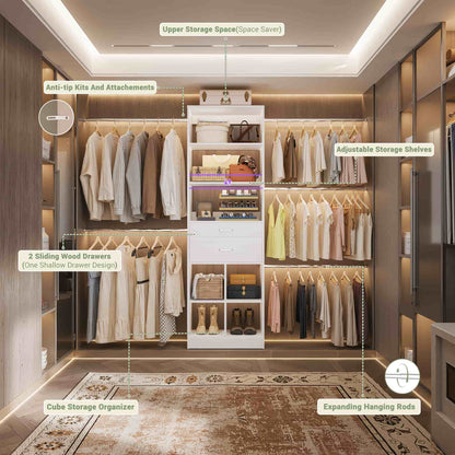 4-8 FT Walk-in Closet Organizer Tower, 2 Wooden Drawers + 5 Hang Rods, Built-in Shelves, Fit 60-96'' Closet Systems