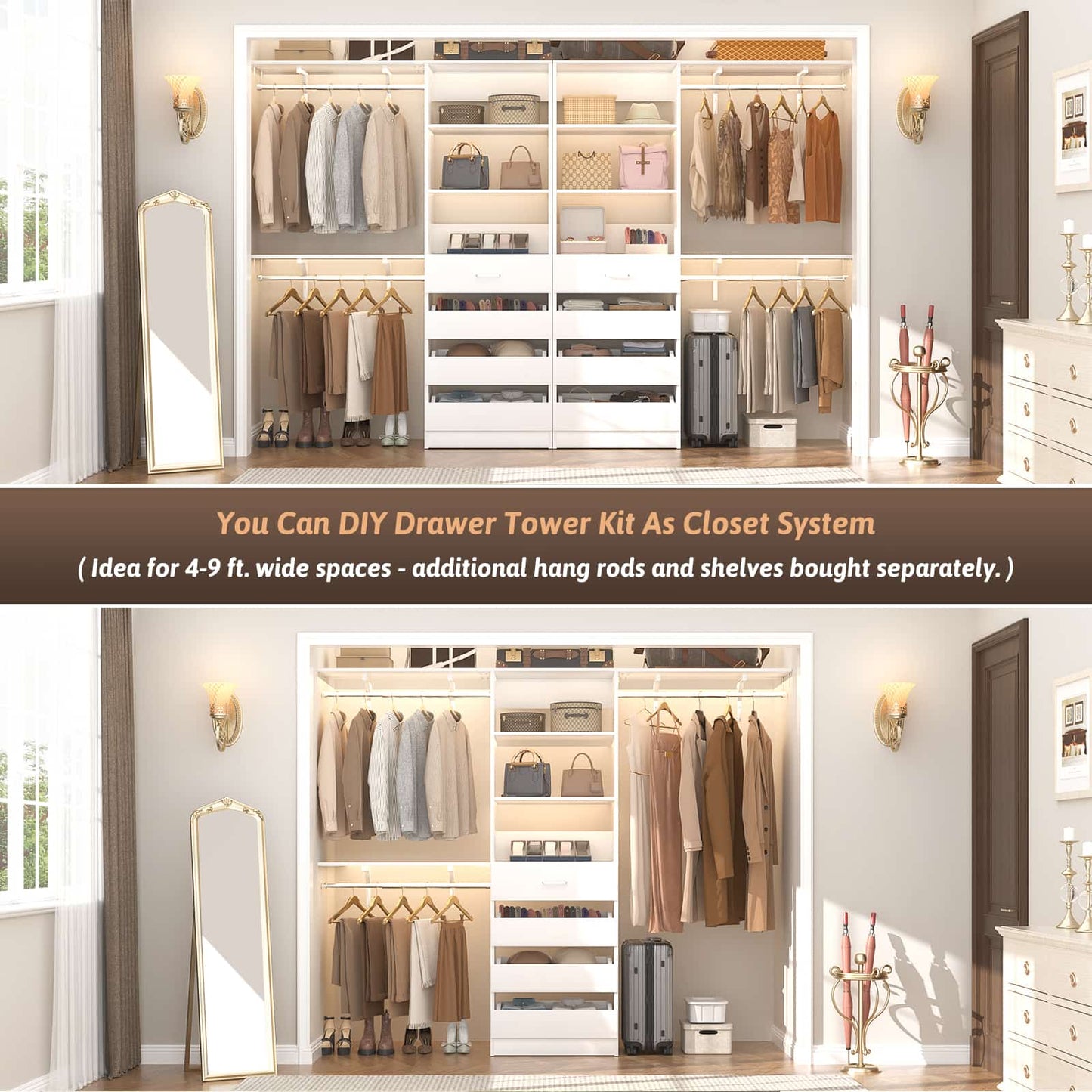 Space-Saving Modular Closet Organizer System with 4 Drawers & Adjustable Shelves - Wood Storage Cabinet