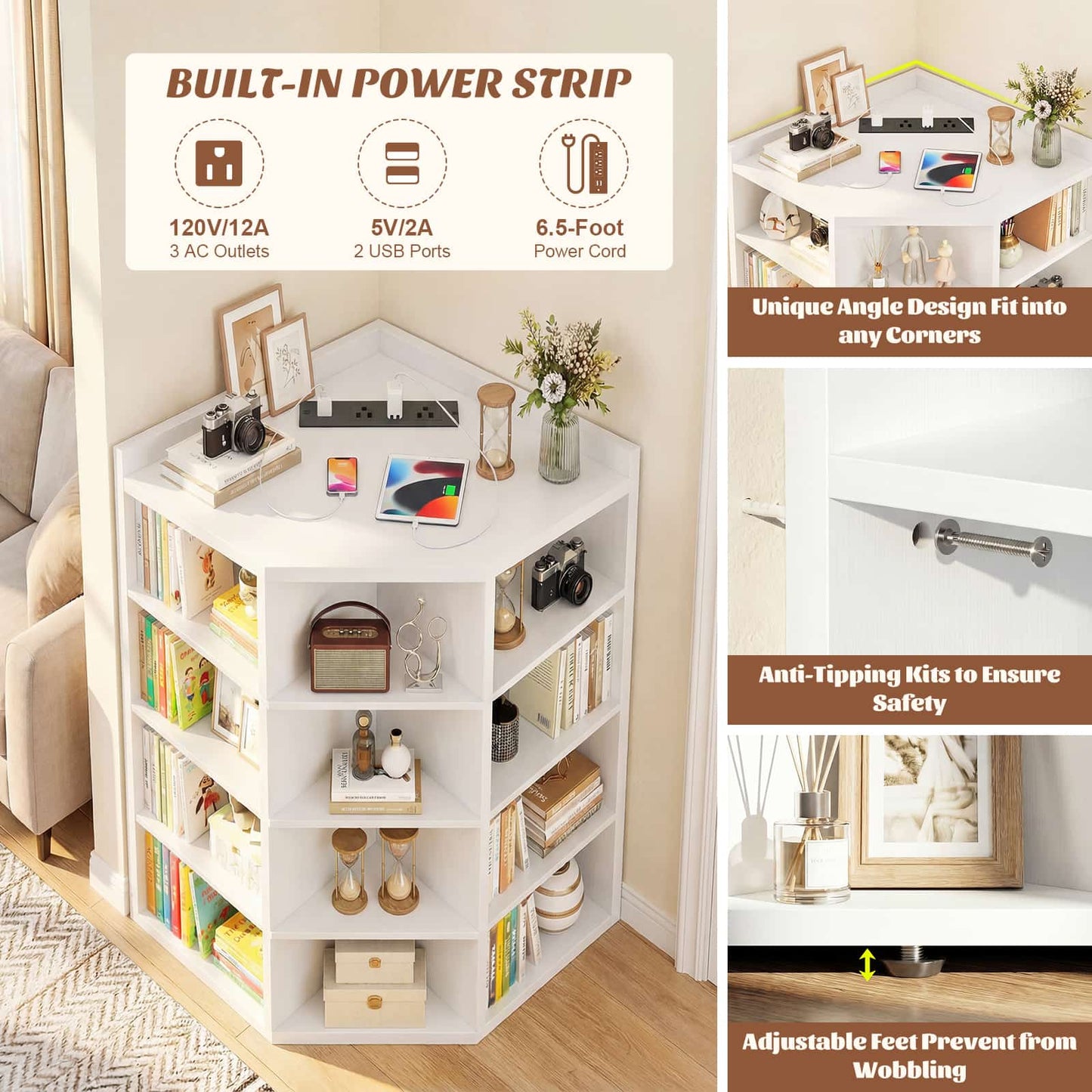 5-Tier Corner Cabinet with Power Outlets & 12 Storage Cubes - Wooden L-Shaped Bookshelf, Toy Organizer