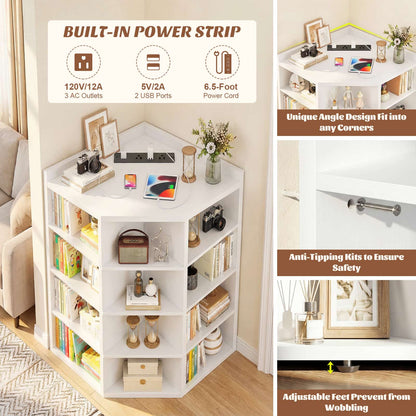 5-Tier Corner Cabinet with Power Outlets & 12 Storage Cubes - Wooden L-Shaped Bookshelf, Toy Organizer