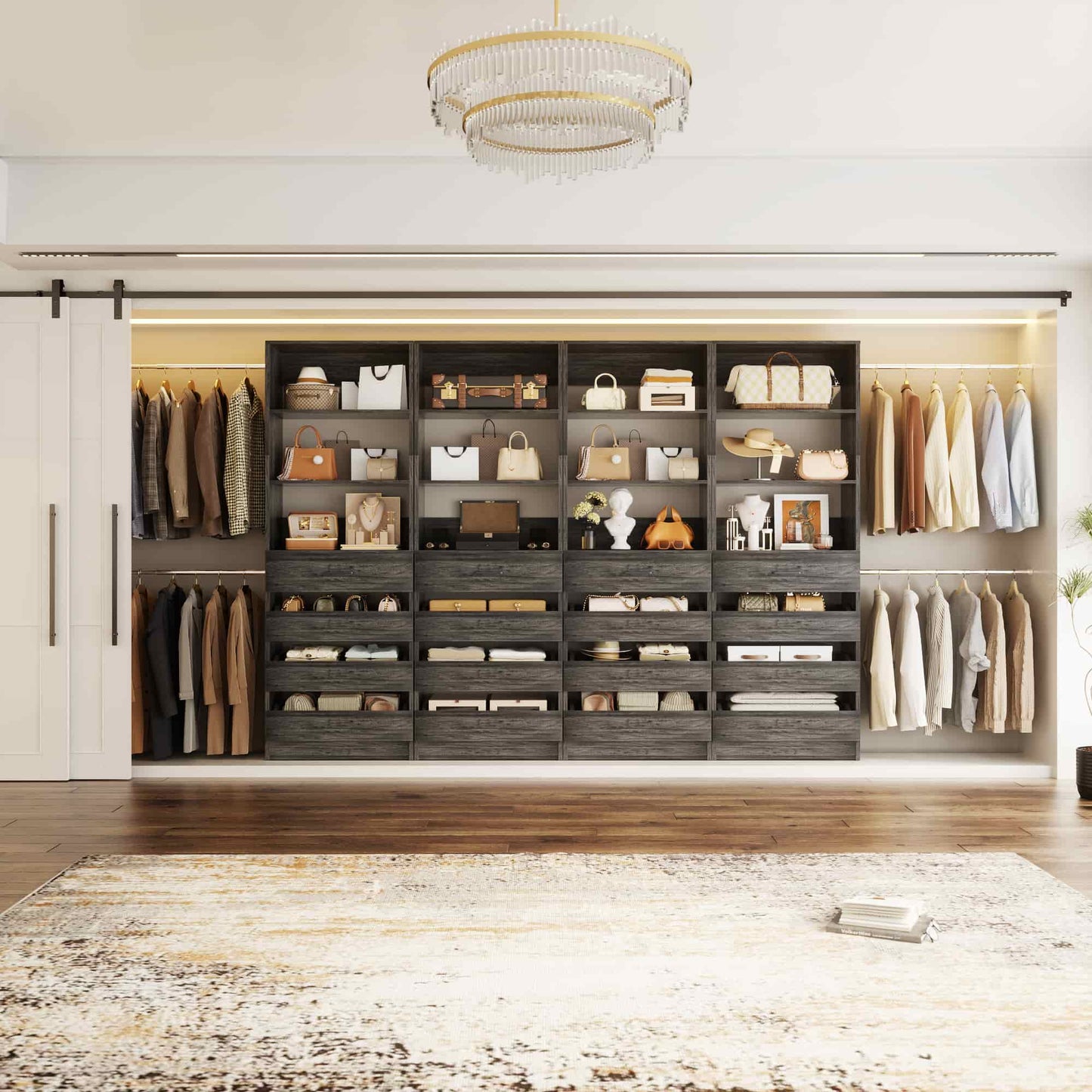 Modular Closet System 4-Pack, 12-24ft Expandable Walk-in Wardrobe Organizer with 16 Wooden Drawers & 16 Hanging Rods