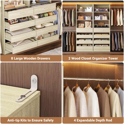 Adjustable Closet Organizer System (6-15Ft) with 8 Wooden Drawers & Modular Tower