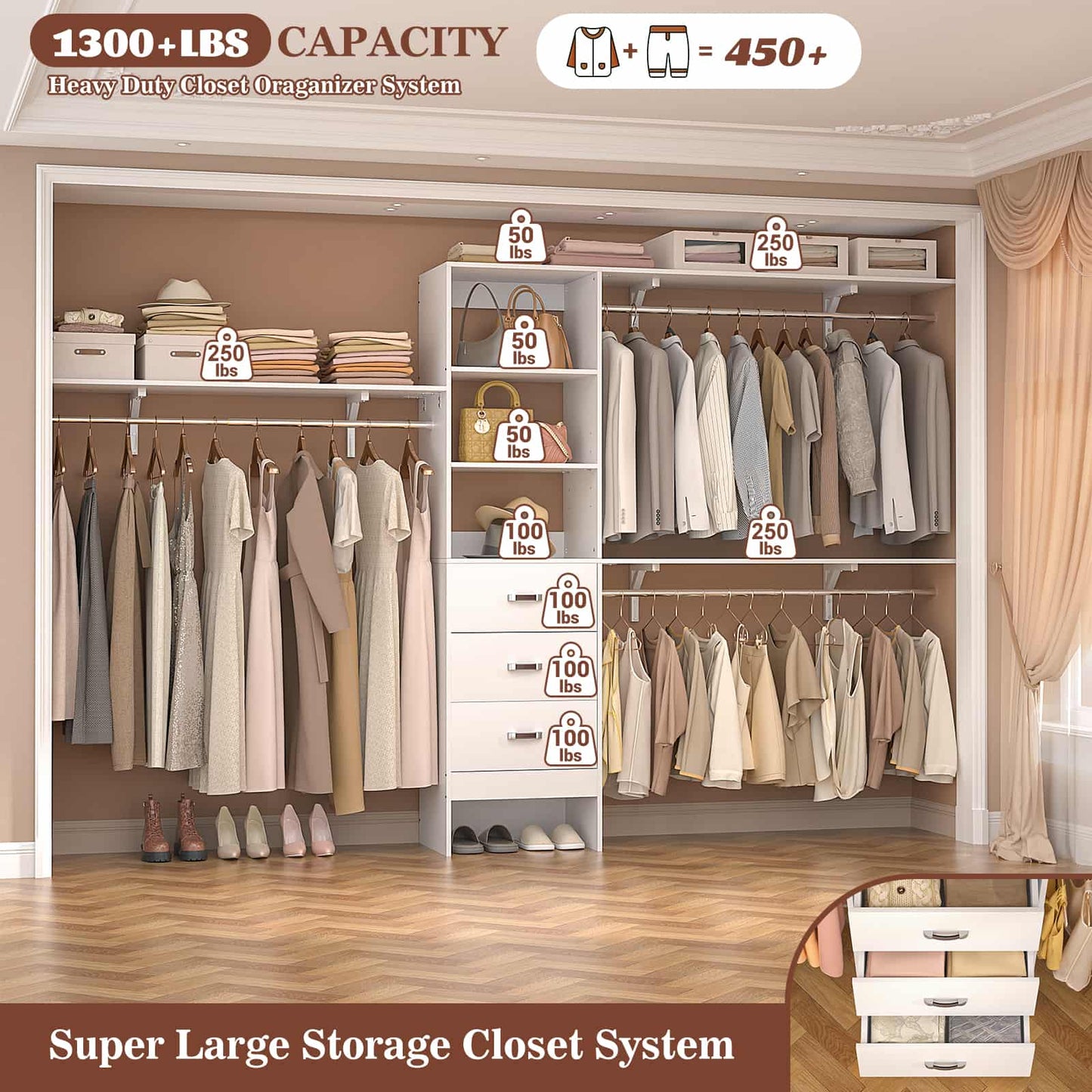 120'' W Closet System with Drawers, Closet Organizer with 3 Shelving Towers