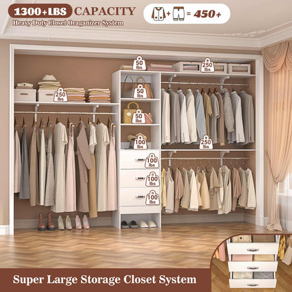 120'' W Closet System with Drawers, Closet Organizer with 3 Shelving Towers