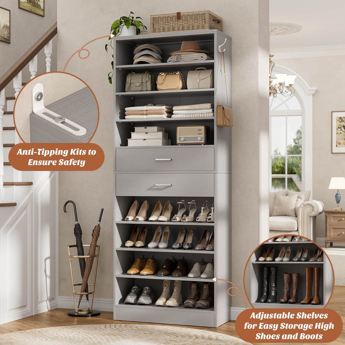 10-Tier Shoe Cabinet with 2 Drawers, 65cm Width Freestanding Closet Organizer
