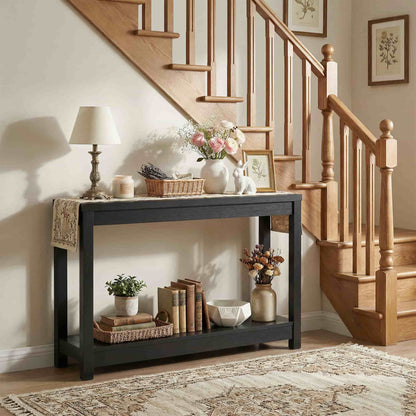 47" Farmhouse Wood Narrow Console Table with Open Storage Shelves: Entryway/Sofa Table, Easy Assembly, Embossed Wood