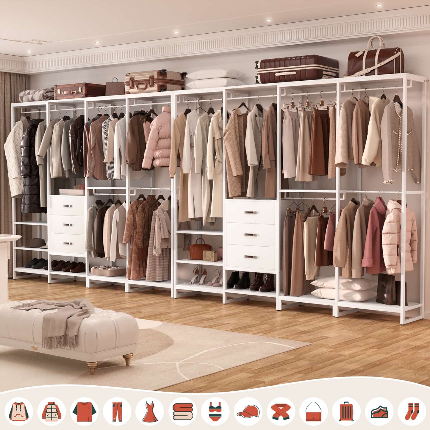 Closet System Organizer Walk-in Closet for Bedroom with 3 Wood Drawers