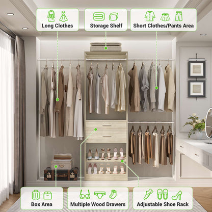 Closet System with Wooden Drawers, Adjustable Angled Shoe Rack