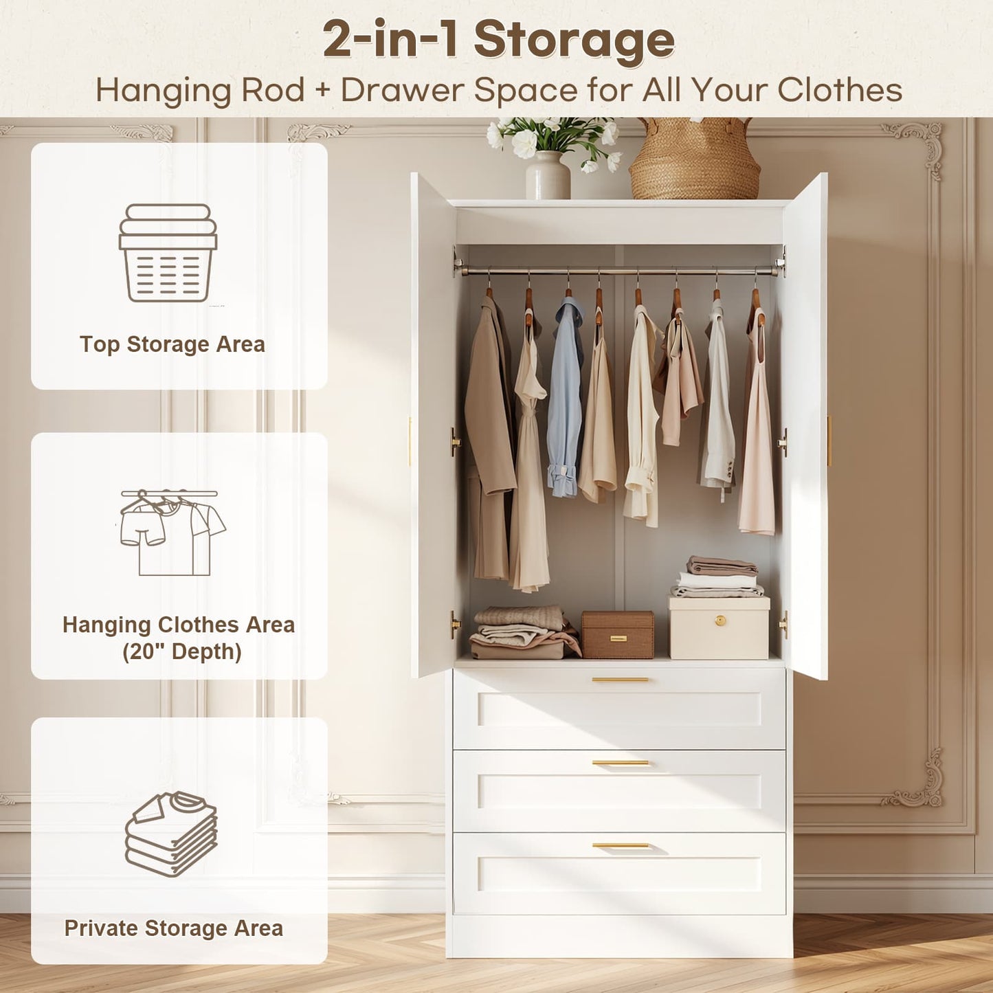71" Tall Armoire Wardrobe Closet - 3 Drawers, Doors & Hanging Rod, Extra Deep 20" Bedroom Storage with Soft-Close Hinges