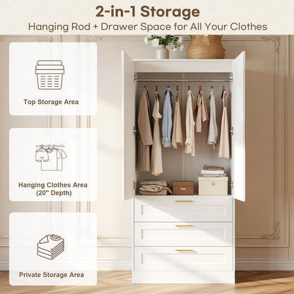 71" Tall Armoire Wardrobe Closet - 3 Drawers, Doors & Hanging Rod, Extra Deep 20" Bedroom Storage with Soft-Close Hinges