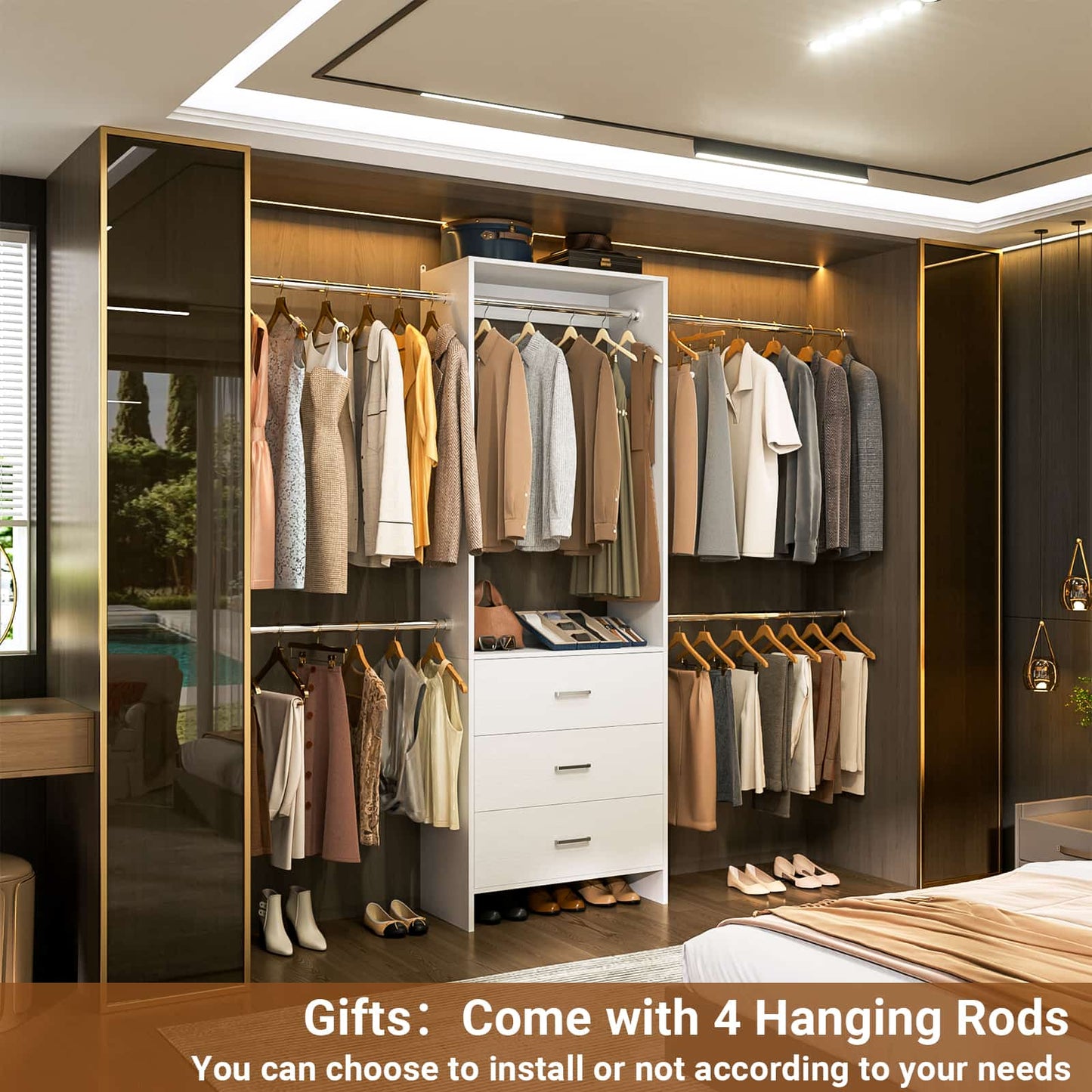 Closet System, Closet Organizer with 3 Wooden Drawers