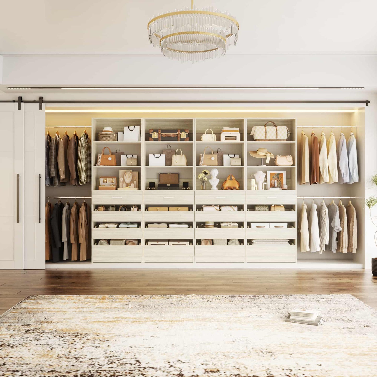 Modular Closet System 4-Pack, 12-24ft Expandable Walk-in Wardrobe Organizer with 16 Wooden Drawers & 16 Hanging Rods