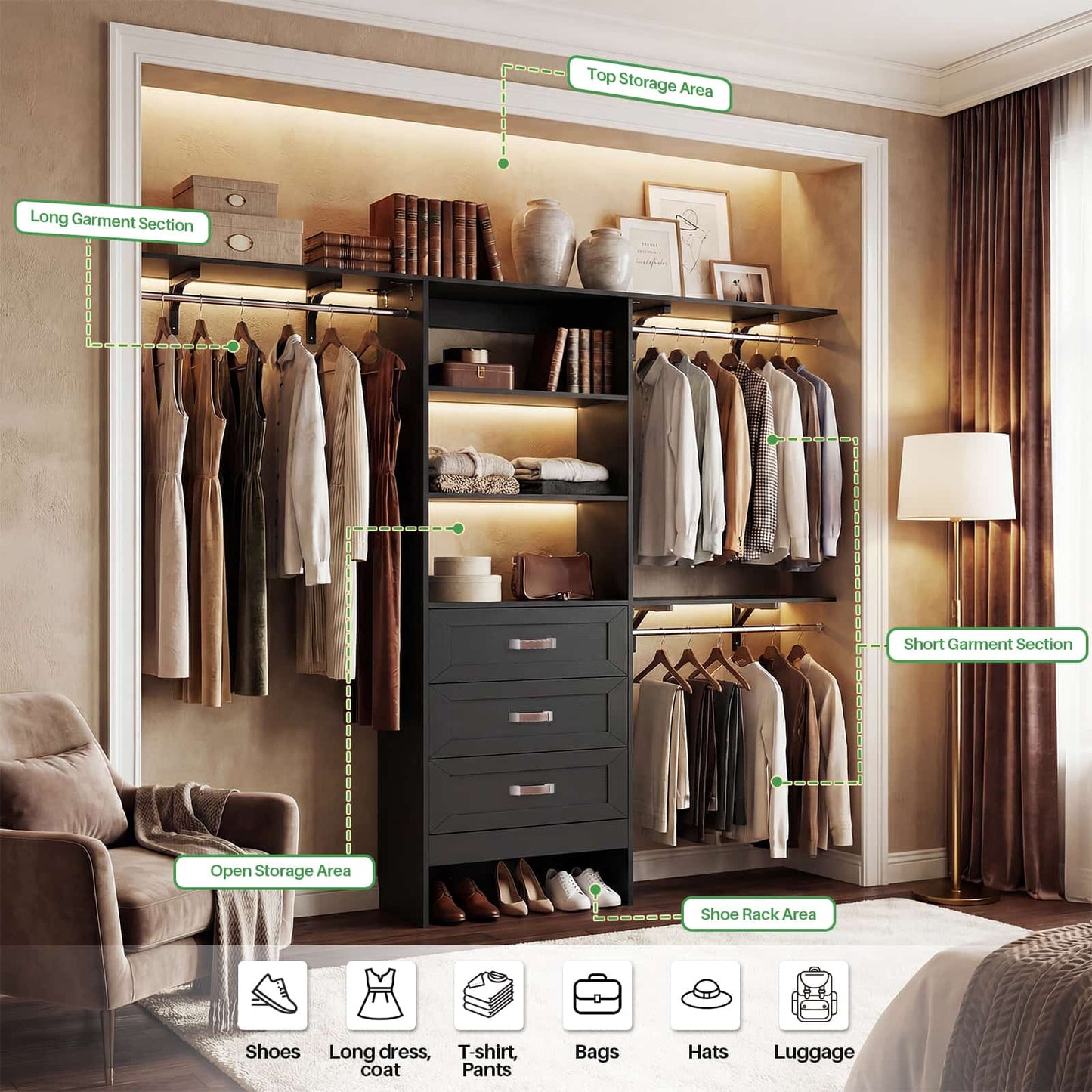 96'' W Closet Organizer System With Wooden Drawers