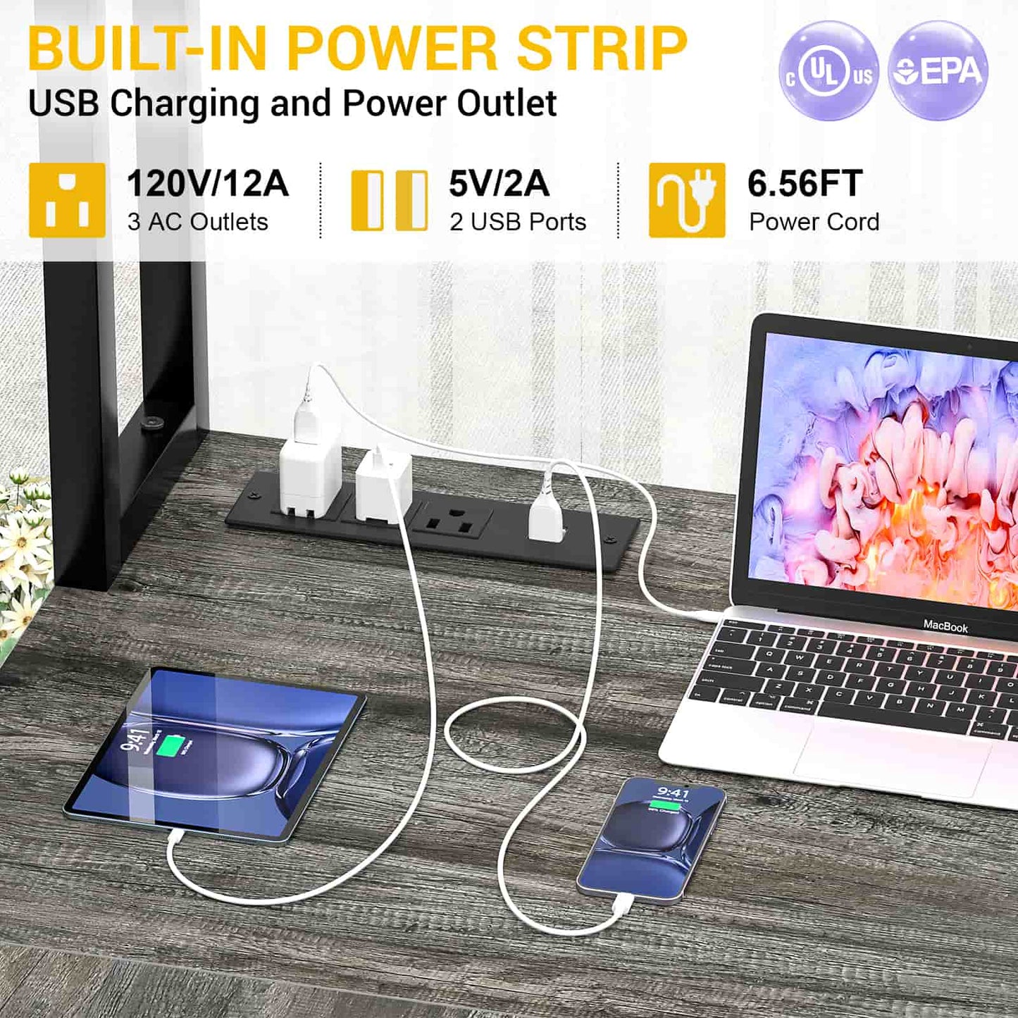 L Shaped Desk with Power Outlet and LED lights