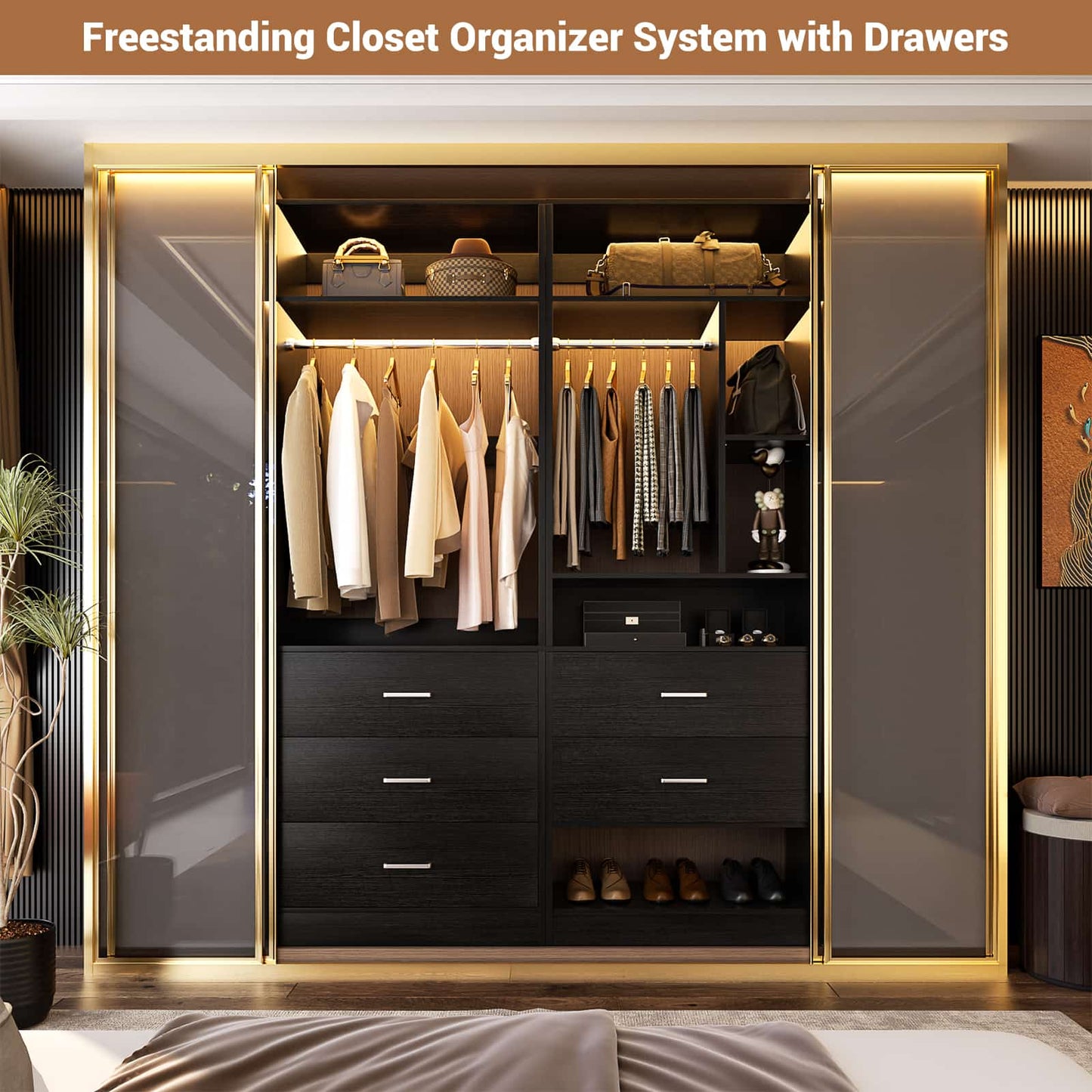 63.2" L X 39.2" W X 80" H Corner Closet System,Freestanding Closet Organizer System With 2 Drawers & 12 Shelves