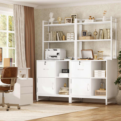 Vertical Filing Cabinet with Lock & Charging Station, Large Drawer Wood File Cabinet with Bookshelf, Printer Stand with Open Storage Shelf