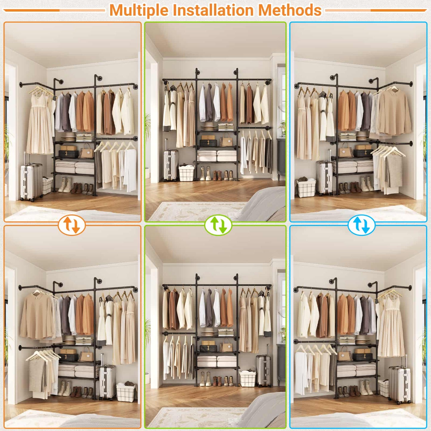 Industrial Pipe Clothing Rack, Reversible 7.25FT Wall Mounted Clothes Rack