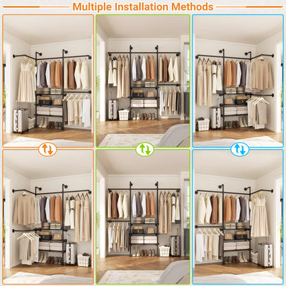 Industrial Pipe Clothing Rack, Reversible 7.25FT Wall Mounted Clothes Rack