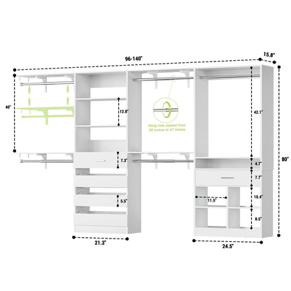 Walk-in Closet Organizer System set with 5 Wooden Drawers and 4 Hanging Rods, 4 Cubby Storage & Shelves, Space-Saving Tower Wardrobe