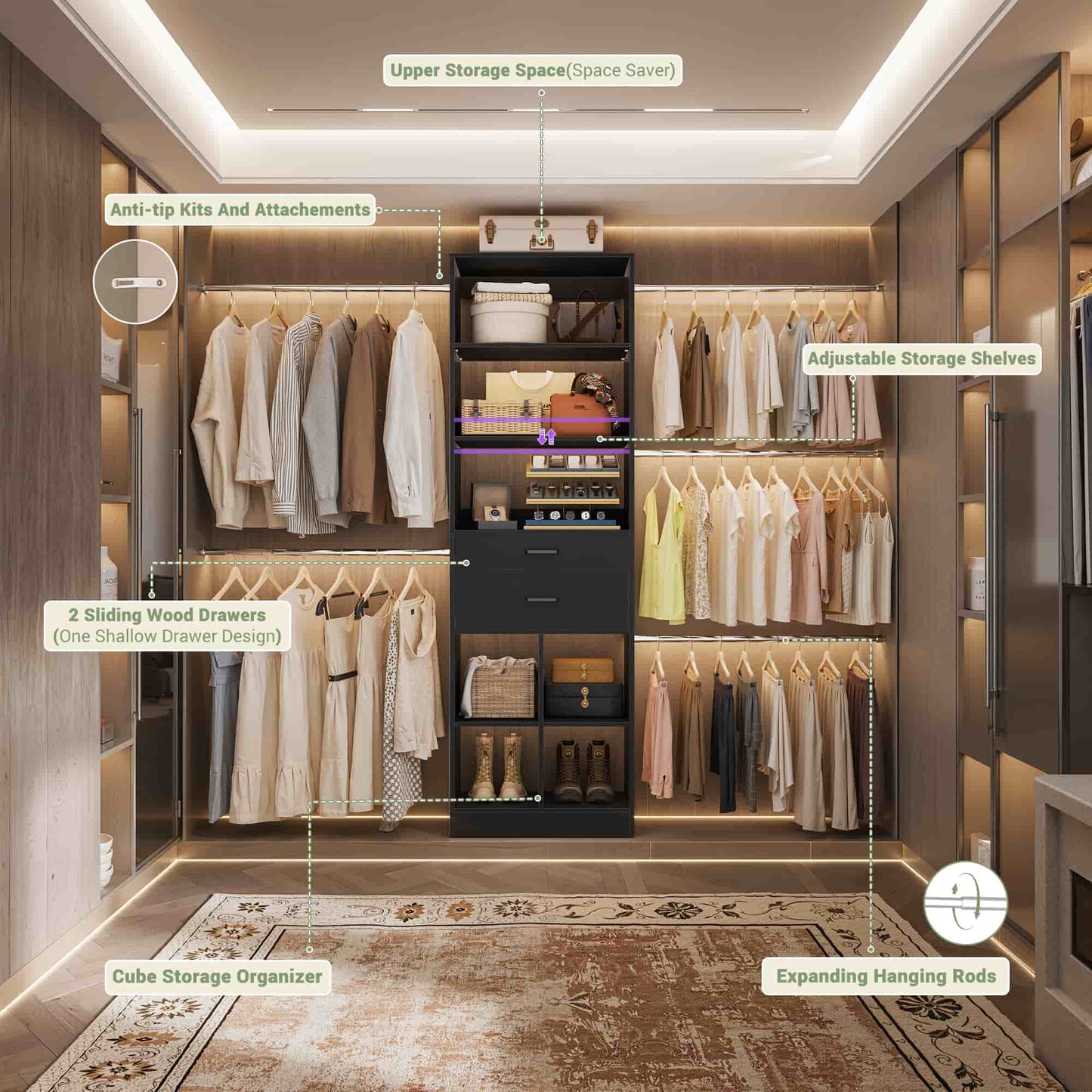 4-8 FT Walk-in Closet Organizer Tower, 2 Wooden Drawers + 5 Hang Rods, Built-in Shelves, Fit 60-96'' Closet Systems