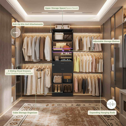4-8 FT Walk-in Closet Organizer Tower, 2 Wooden Drawers + 5 Hang Rods, Built-in Shelves, Fit 60-96'' Closet Systems
