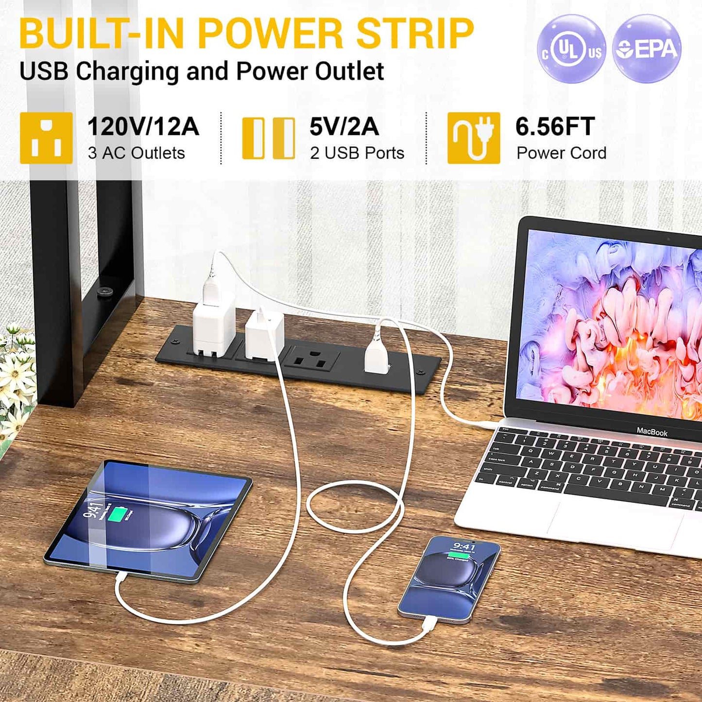 L Shaped Desk with Power Outlet and LED lights