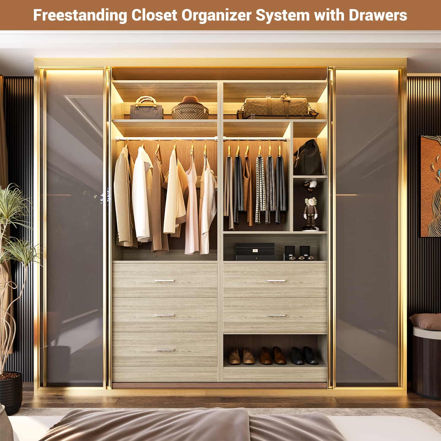 63.2" L X 39.2" W X 80" H Corner Closet System,Freestanding Closet Organizer System With 2 Drawers & 12 Shelves