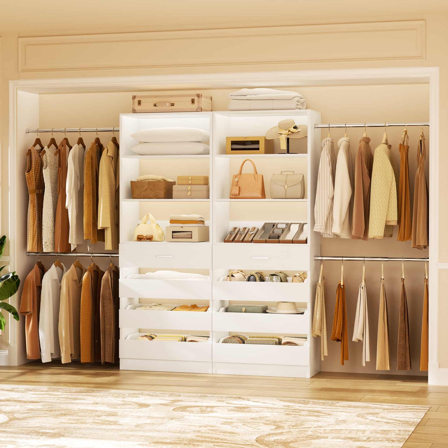 2-Pack Closet Organizer System: Dual 4-9Ft Adjustable Wardrobe Racks with 8 Wooden Drawers, Double Tower Storage, 8 Hanging Rods & Garment Racks ﻿