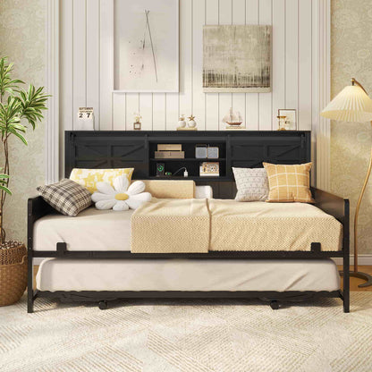 Twin Size Daybed with Trundle, Daybed with Charging Station & Storage Headboard, Heavy Duty Metal Sofa Bed Frame with Pop-up Trundle