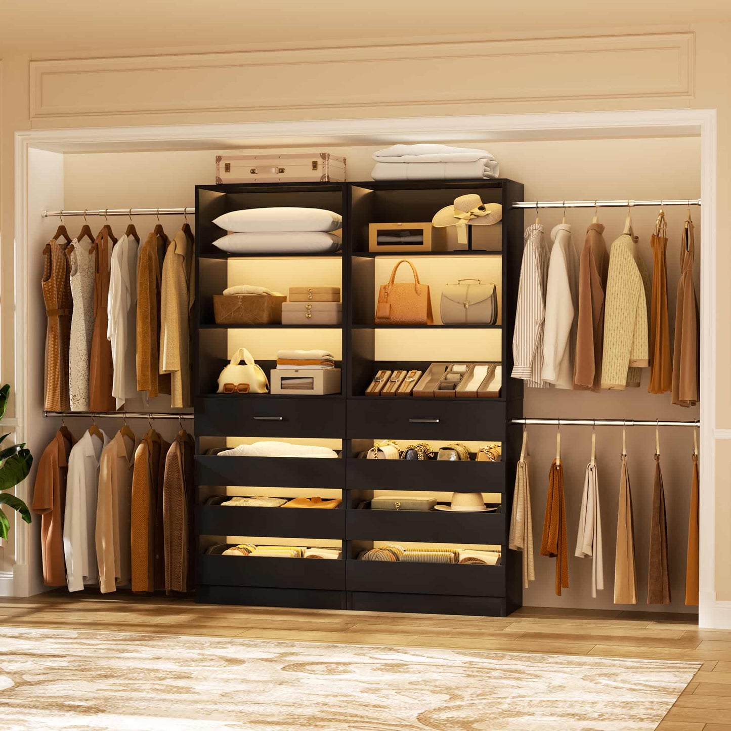 2-Pack Closet Organizer System: Dual 4-9Ft Adjustable Wardrobe Racks with 8 Wooden Drawers, Double Tower Storage, 8 Hanging Rods & Garment Racks ﻿