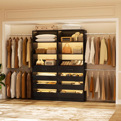 2-Pack Closet Organizer System: Dual 4-9Ft Adjustable Wardrobe Racks with 8 Wooden Drawers, Double Tower Storage, 8 Hanging Rods & Garment Racks ﻿