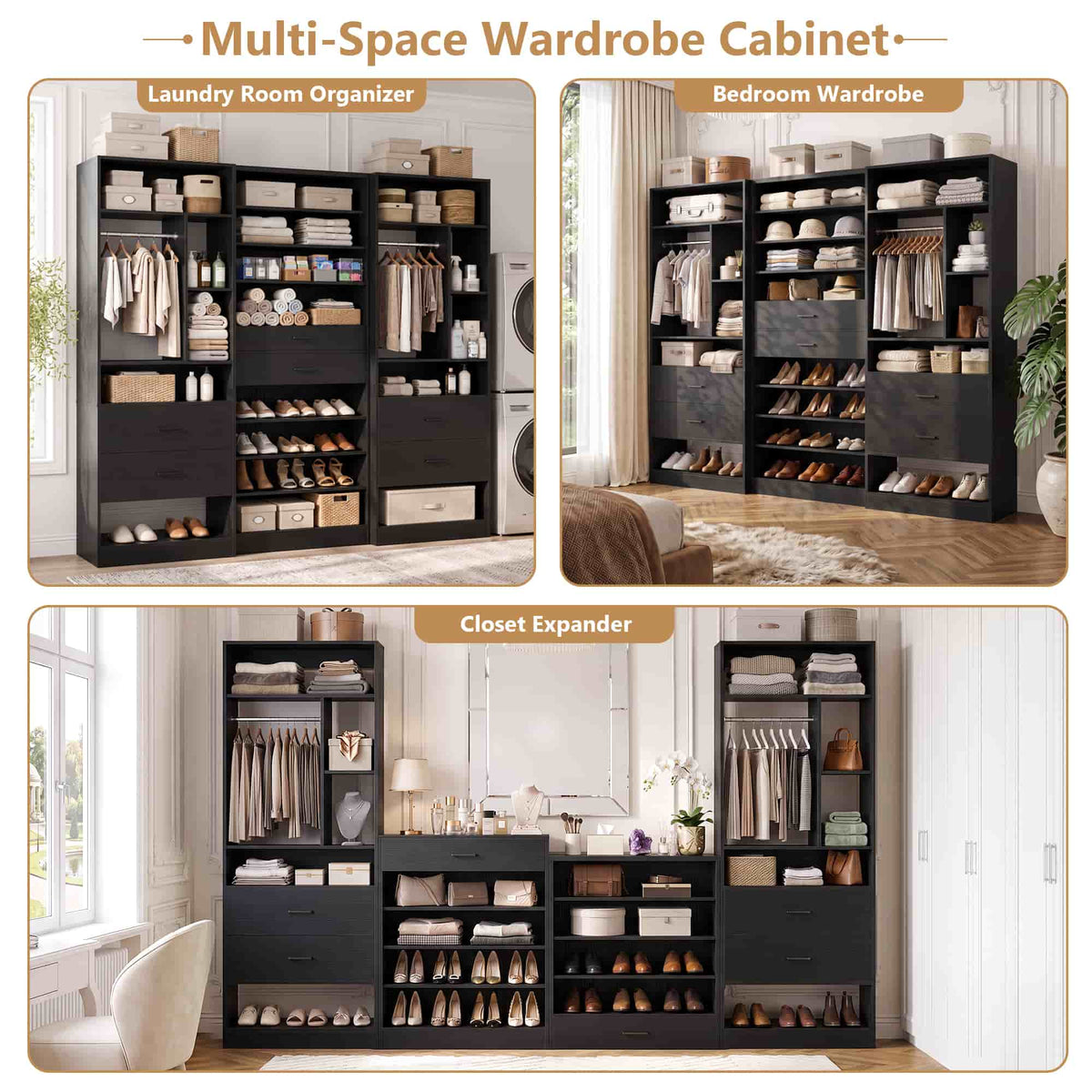 3-Piece Closet and Shoe Storage Set - 10-Tier Shoe Cabinet with 2 Drawers + 2 x 24" Freestanding Closet Organizers with Drawers & Hanging Rods