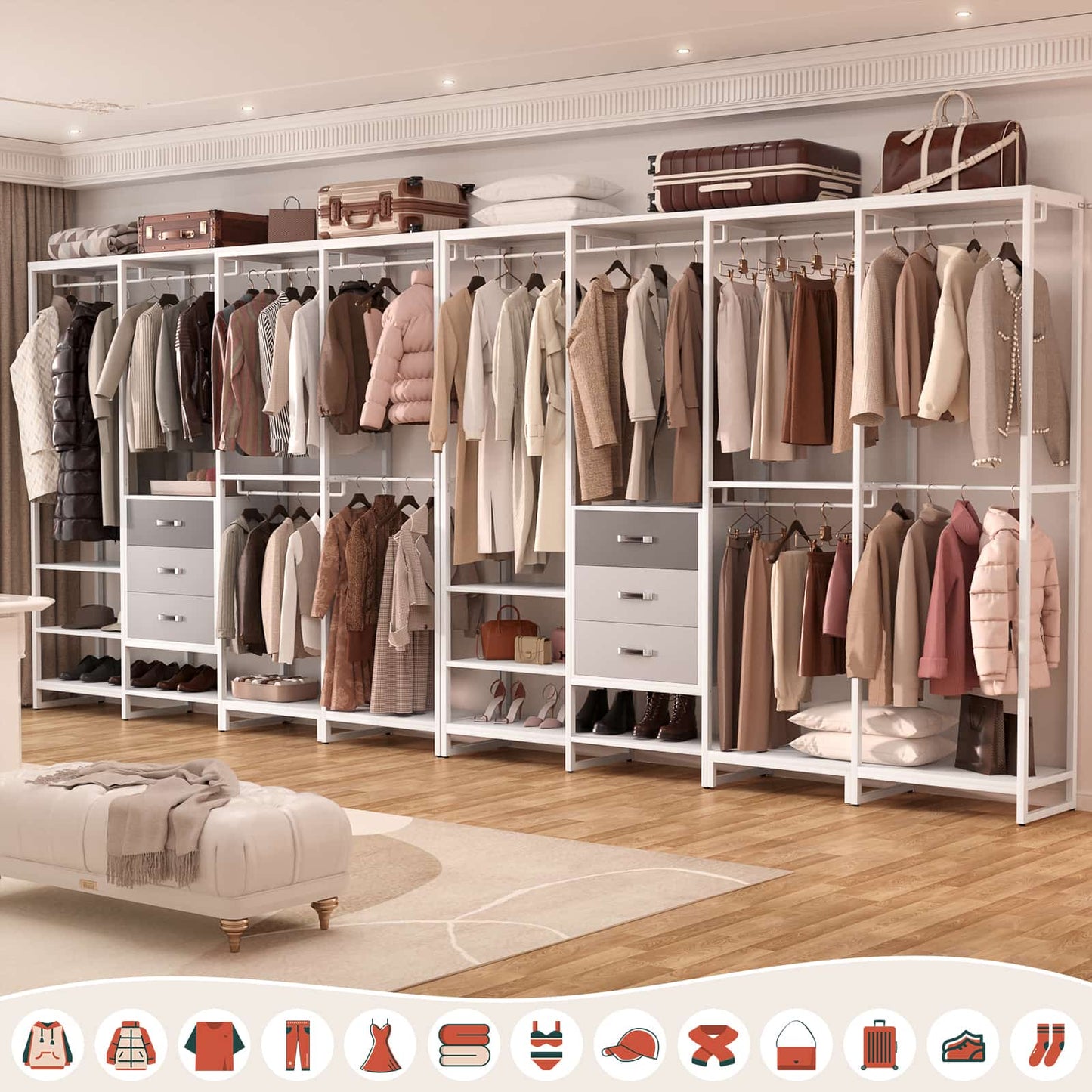 Closet System Organizer Walk-in Closet for Bedroom with 3 Wood Drawers