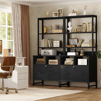 2-Pack Vertical File Cabinet with Shelves, Charging Station, Lock, Large Drawer & Printer Stand