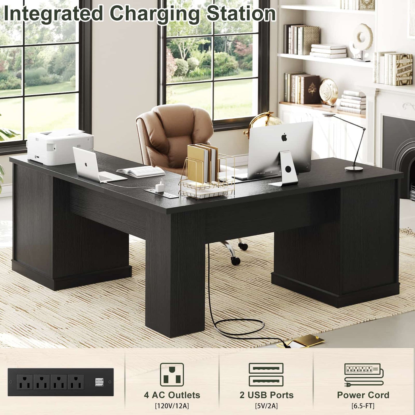 L Shaped Executive Desk with File Drawers, 60" Corner Computer Desk with Power Outlets