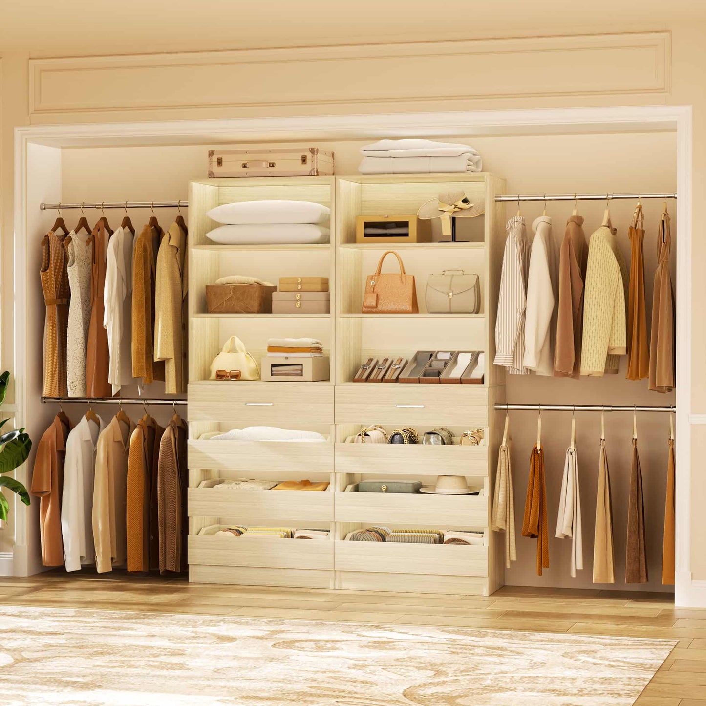 2-Pack Closet Organizer System: Dual 4-9Ft Adjustable Wardrobe Racks with 8 Wooden Drawers, Double Tower Storage, 8 Hanging Rods & Garment Racks ﻿