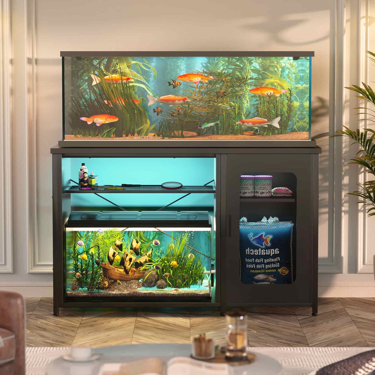 Heavy Duty 55-75 Gallon Aquarium Stand with Power Outlets, LED Light & Storage Cabinet - Reversible Metal Fish Tank Stand, 880LBS Capacity
