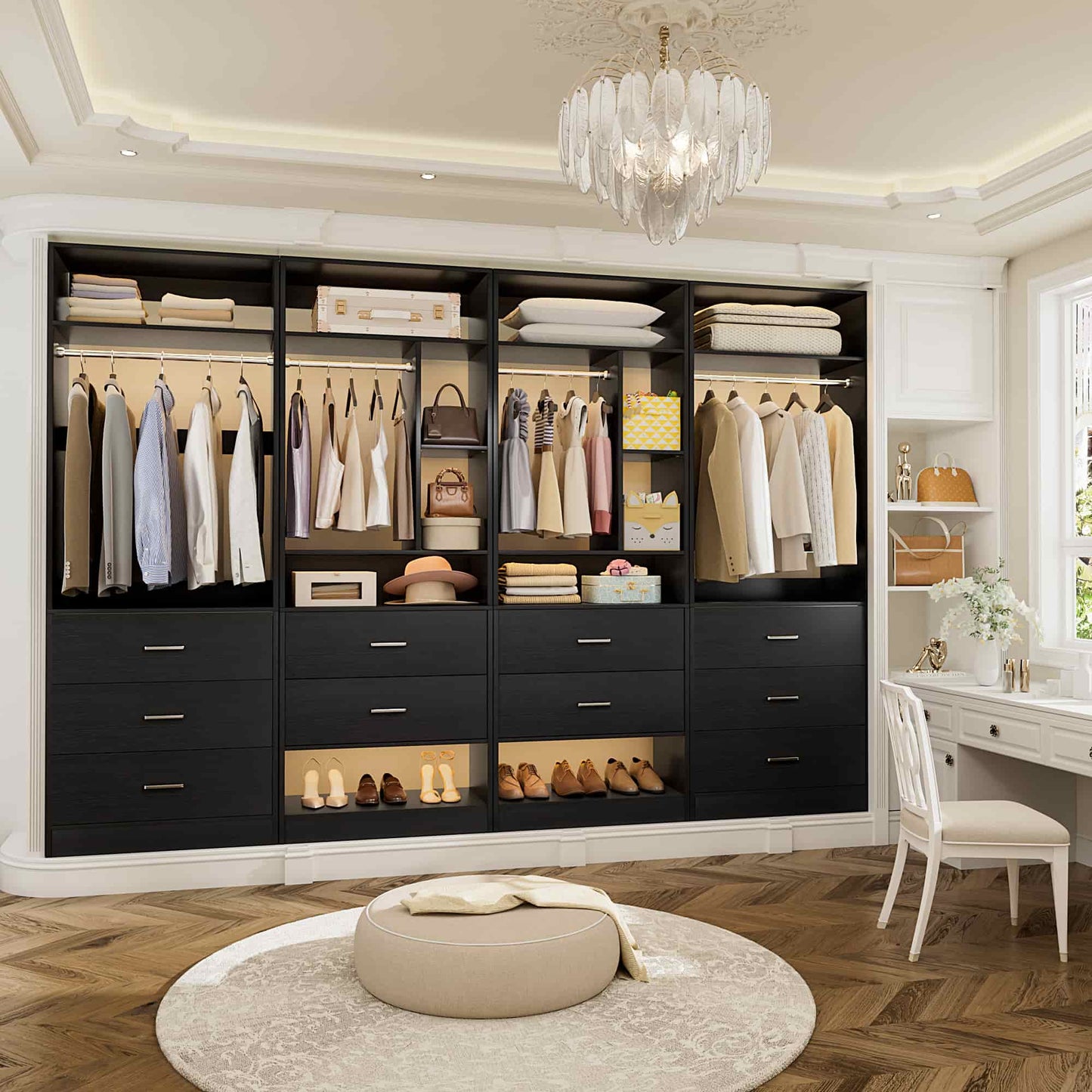 63.2" L X 39.2" W X 80" H Corner Closet System,Freestanding Closet Organizer System With 2 Drawers & 12 Shelves