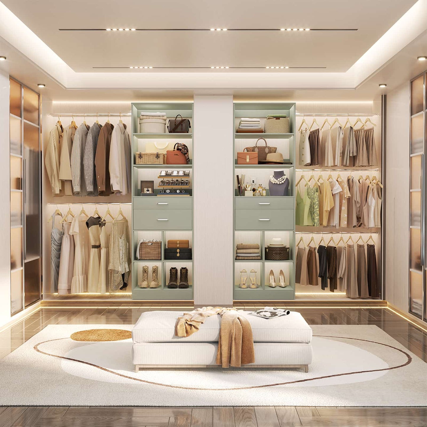 4-8 FT Walk-in Closet Organizer Tower, 2 Wooden Drawers + 5 Hang Rods, Built-in Shelves, Fit 60-96'' Closet Systems