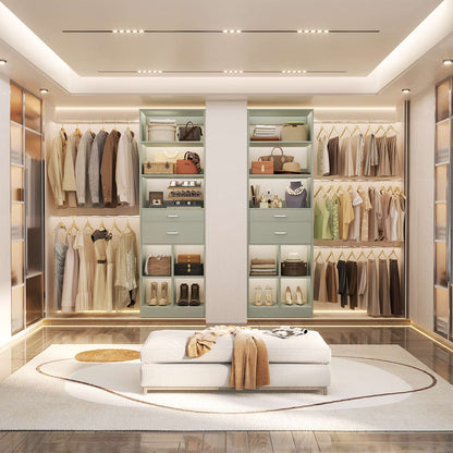 4-8 FT Walk-in Closet Organizer Tower, 2 Wooden Drawers + 5 Hang Rods, Built-in Shelves, Fit 60-96'' Closet Systems