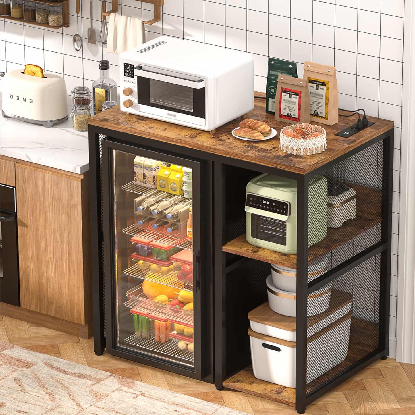 Mini Fridge Cabinet with Power Outlet, Coffee Bar Cabinet with Mini Fridge Space